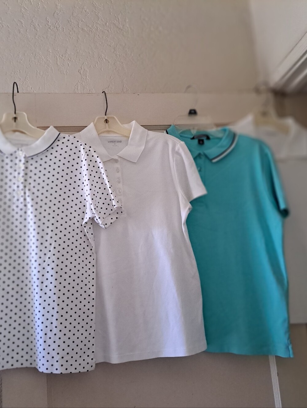 Lot 4 Sz S 6-8 Lands' End Cotton Polo Shirts White Turquoise Polka Dot Excellent